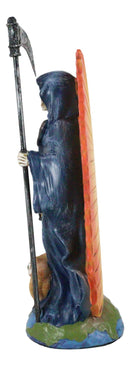 Standing Blue Santa Muerte Skeleton With Scythe Hourglass And Wise Owl Figurine