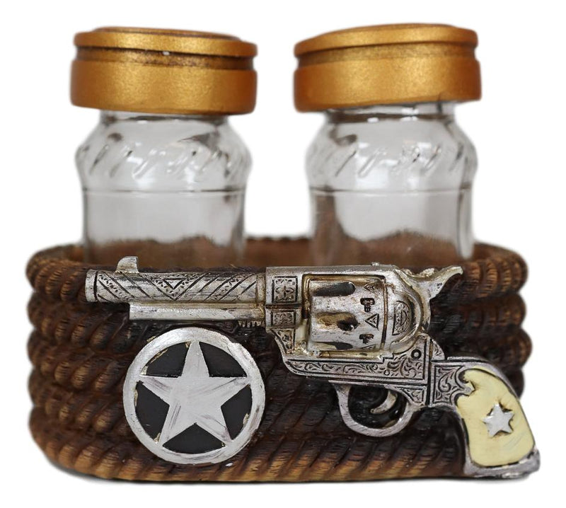 Ebros Cowboy Revolver Six Shooter Pistol Western Star & Ropes Salt Pepper Shakers Set