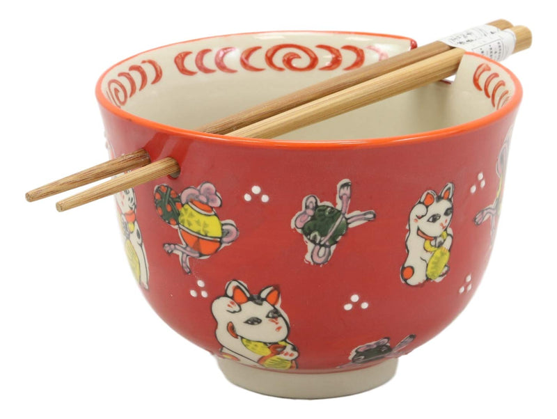 Lucky Cat Japanese Maneki Neko Red Porcelain Ramen Soup Bowl With Chopsticks Set