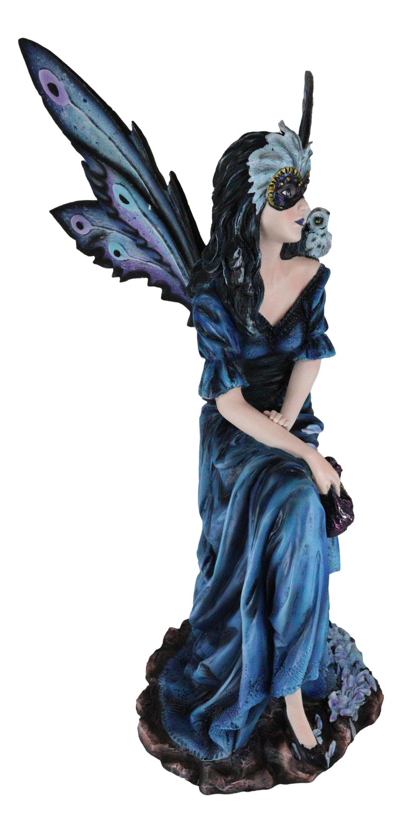 Large Iridescent Winged Peacock Train Blue Masquerade Fairy With Owl Statue