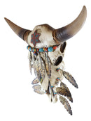 Southwest Turquoise Tribal Indian Feathered Bull Cow Skull Wall Decor Plaque