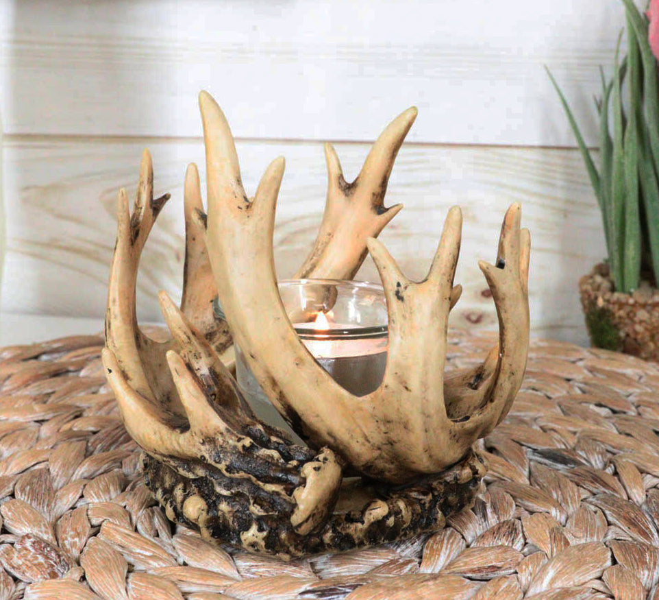 Rustic Western Buck Elk Deer Stag Entwined Antlers Crown Votive Candle Holder