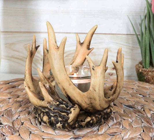 Rustic Western Buck Elk Deer Stag Entwined Antlers Crown Votive Candle Holder