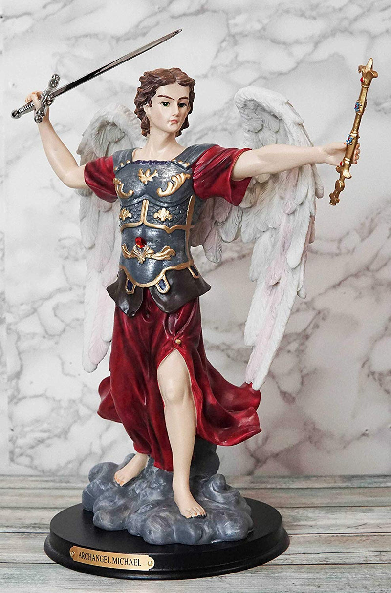 Ebros Byzantine Archangel Saint Michael with Brass Name Plate Wooden Base 12.5"H