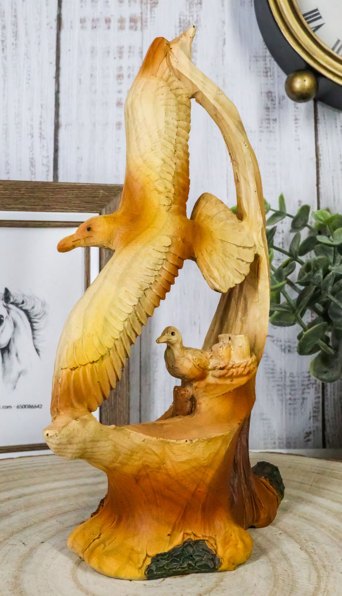 Lifelike Patriotic American Bald Eagle with Eaglets in Nest Faux Wood Figurine