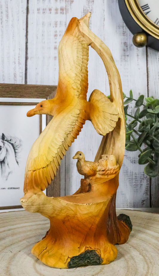 Lifelike Patriotic American Bald Eagle with Eaglets in Nest Faux Wood Figurine