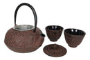 Japanese Bamboo Forest Maroon Red Traditional Heavy Cast Iron Tea Pot and Cups