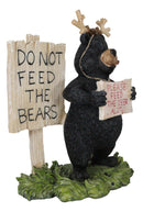 Rustic Western Whimsical Black Bear With Antlers And Feed The Deer Sign Figurine