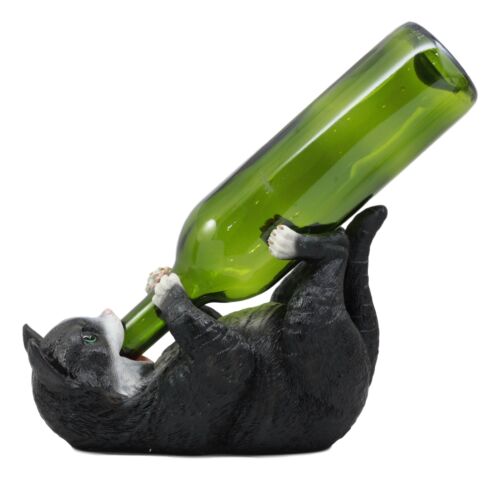 Ebros Feline Black and White Tuxedo Cat Wine Bottle Holder Caddy Figurine - Ebros Gift