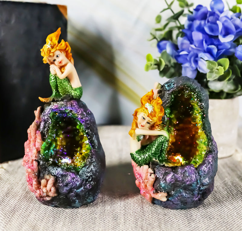 Ebros Nautical Ocean Mermaid Mergirl Sitting by Geode Crystal Cavern Under The Sea Statue with LED Accent Night Lights Set of 2