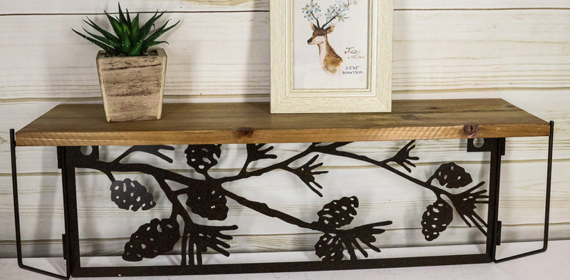 Western Rustic Forest Woodlands Pinecones Metal Cutout Wall Hanging Wood Shelf