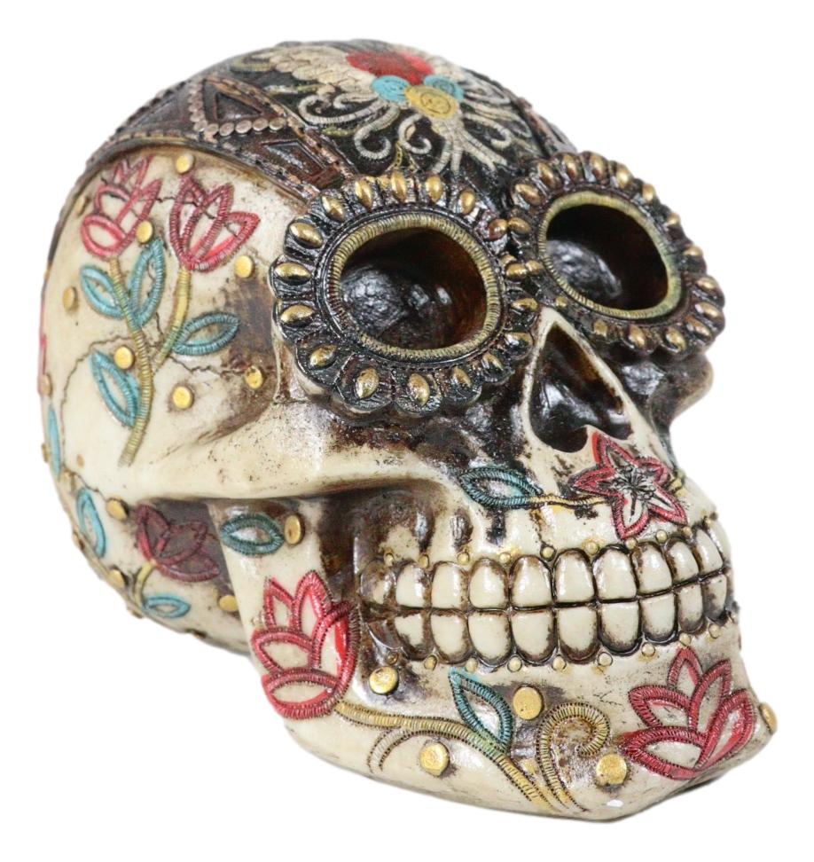 Day Of The Dead Floral Vines Embroidery Angel Wings Heart Motif Skull Figurine