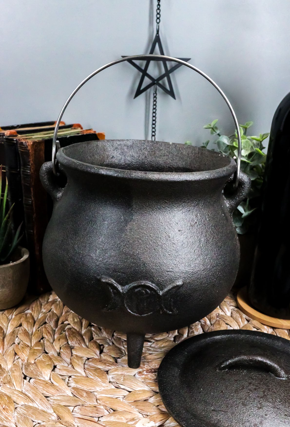 Cast Iron Wicca Triple Moon Shaman Spiral Goddess Cauldron With Handle and Lid