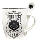 Wicca Sacred Pentacle Cat Purrfect Love Brew Porcelain Mug With Spoon Set 13oz