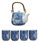 Ebros Gift China Winter White Lucky Bamboo Design Porcelain Soothing Blue Color 20oz Tea Pot and 4 Cups Set Home Decor Asian Living Teapots Teacups Decorative Party Hosting