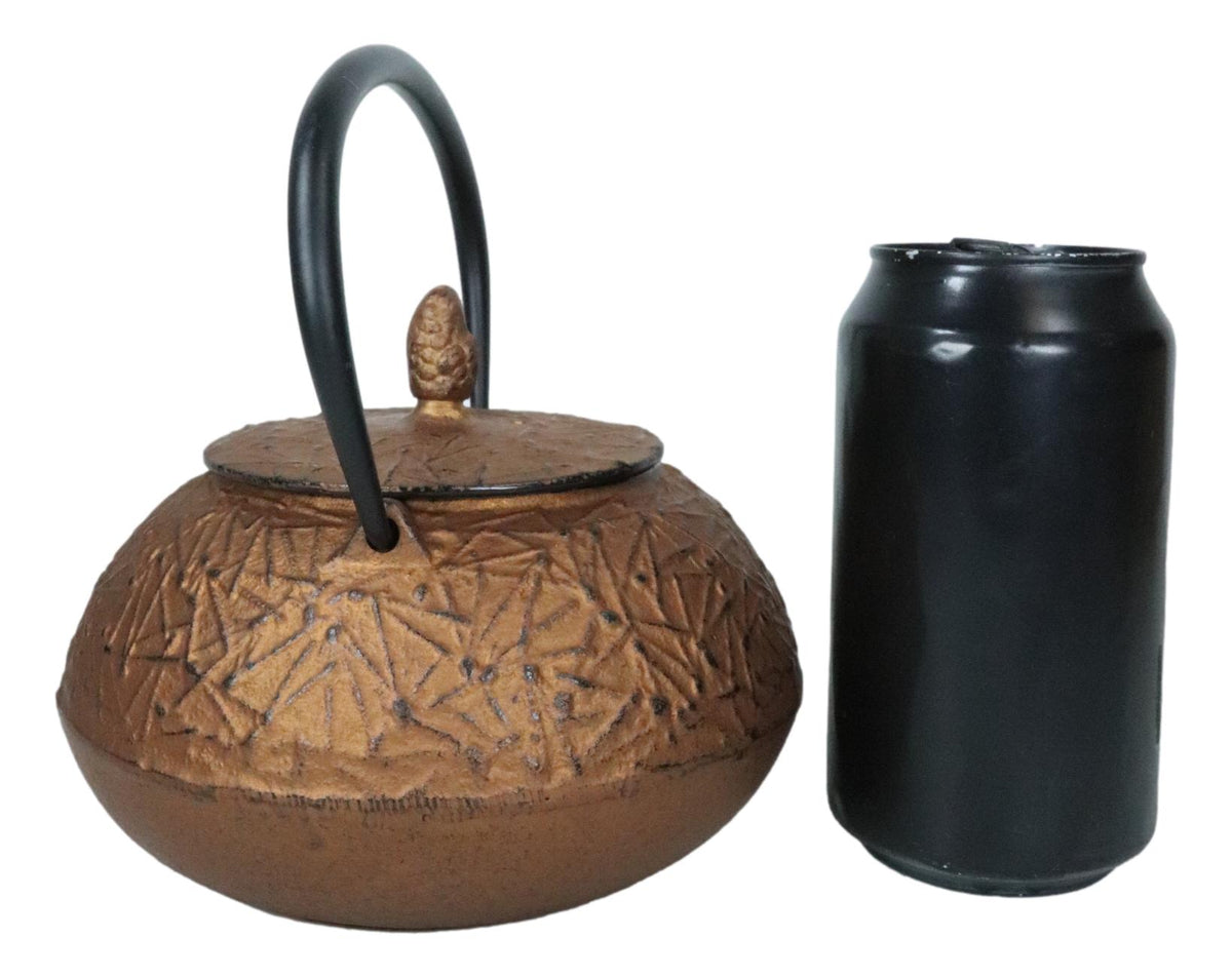 Ebros Japanese Pine Copper Finish Matchstick Pattern Heavy Cast Iron Tea Pot and Cups Set Serves 2