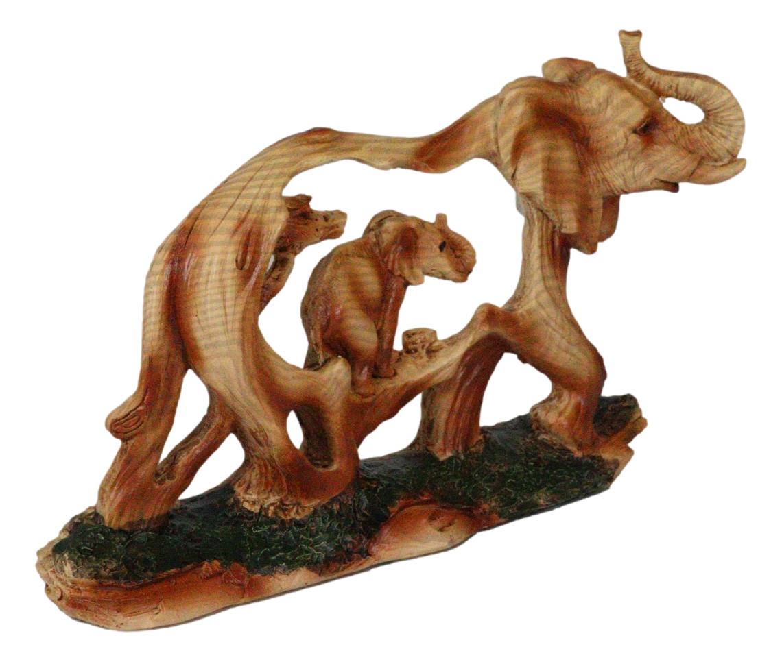 Faux Wood Elephant Family Migration Elephant Walking With Baby Calf Statue 7"L - Ebros Gift