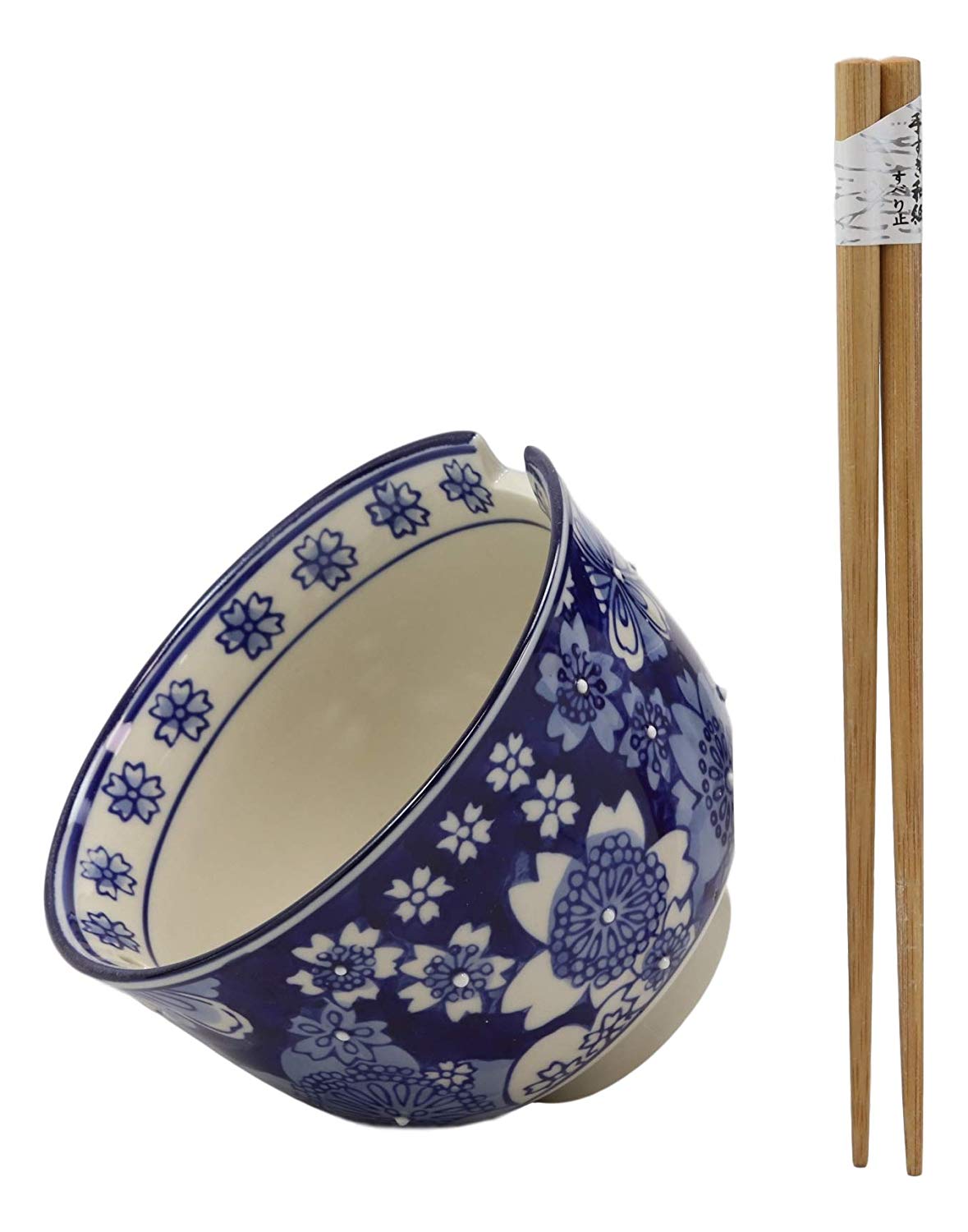 Ming Style Blue White Florals Porcelain Ramen Soup Rice Bowl With Chopsticks Set