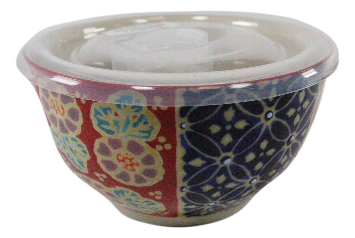 Ebros Set of 2 Ceramic Blue Red Floral Patterns Portion Meal Bowls 2 Cups Airtight Lid