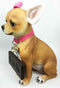 Adorable Pink Ribbon Teacup Chihuahua Dog Large Figurine W/ Welcome Sign Statue