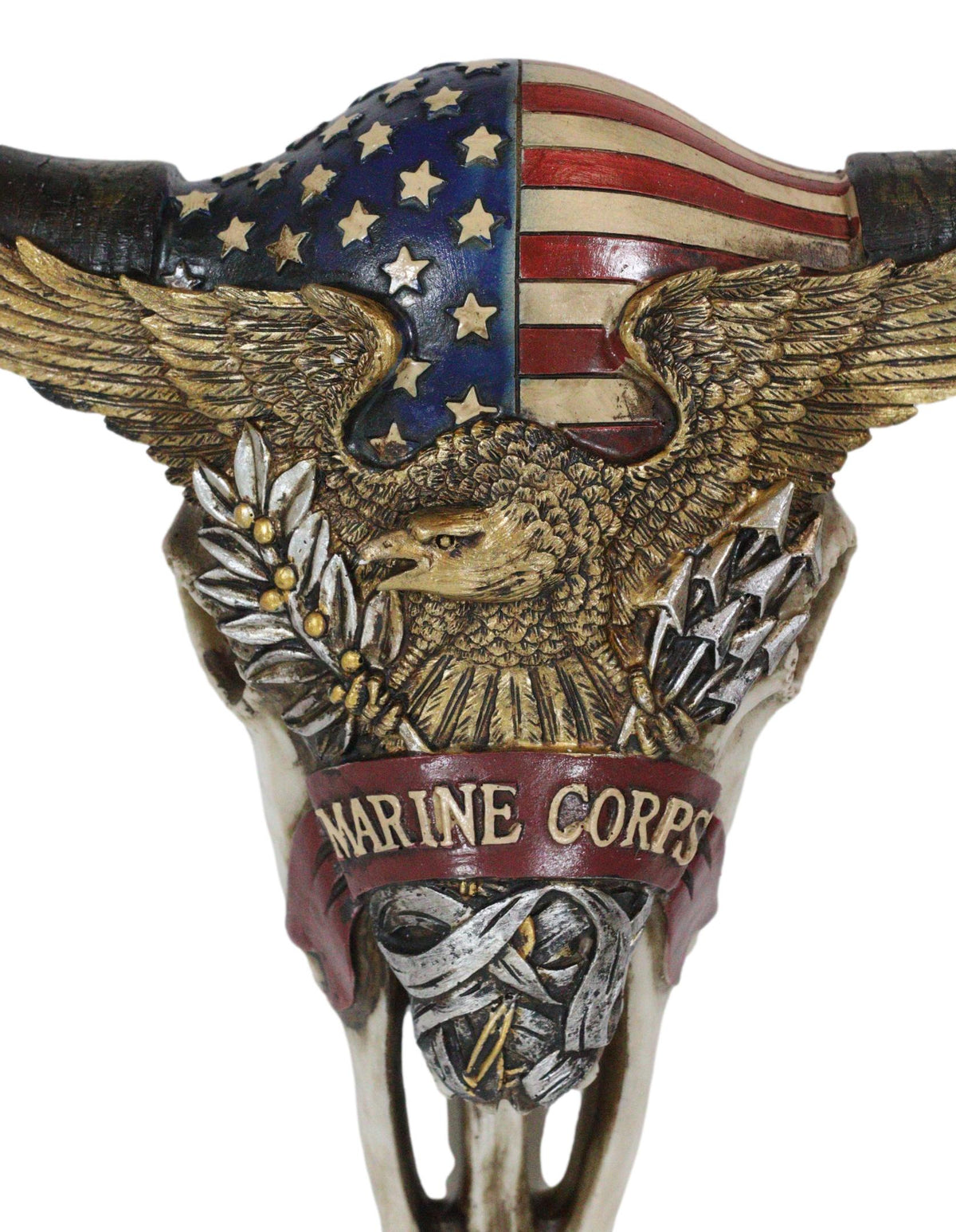 Western Patriotic Bull Cow Skull W/ American Flag Bald Eagle Marine Wall Decor - Ebros Gift