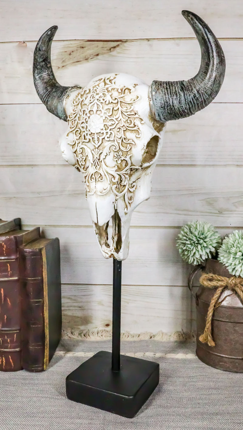 Rustic Tooled Floral Lace Bull Cow Steer Head Skull Sculpture On Pole Display
