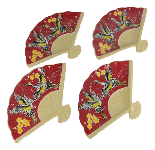 Ebros Set Of 4 Red Cranes Cherry Blossoms Oriental Fan Shaped Sushi Plates