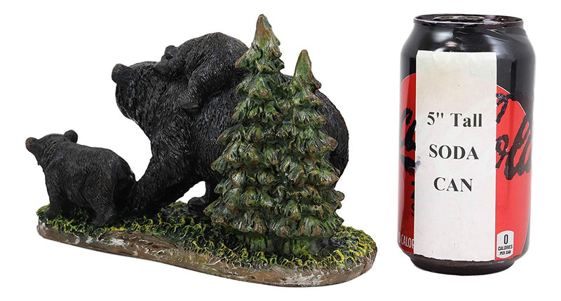 7.75" Long Realistic Black Momma Bear Piggybacking Her Cub By A Pine Tree Statue