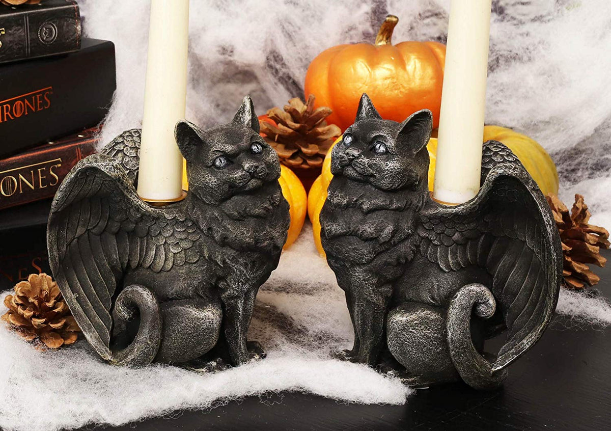 Gothic Angel Winged Cat Gargoyles Left And Right Facing Candle Holder Statue Set - Ebros Gift