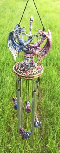 Yin Yang Day and Night Twin Dragons Excalibur Sword Wind Chime Home Patio Decor - Ebros Gift