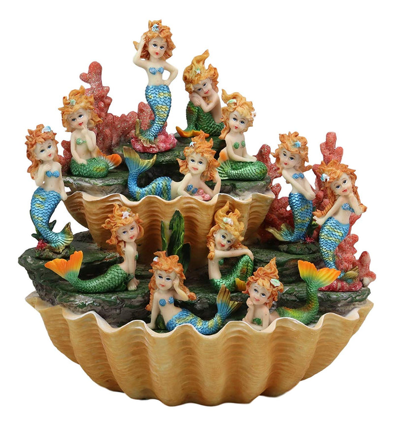 Ebros 10" Wide Colorful Nautical Ocean 2 Tier Golden Giant Clam Shell With Coral Reefs LED Glow Lights Display Stand With 12 Miniature Mergirls Figurine Set Fantasy Mergirl Mermaids Sirens of The Seas - Ebros Gift