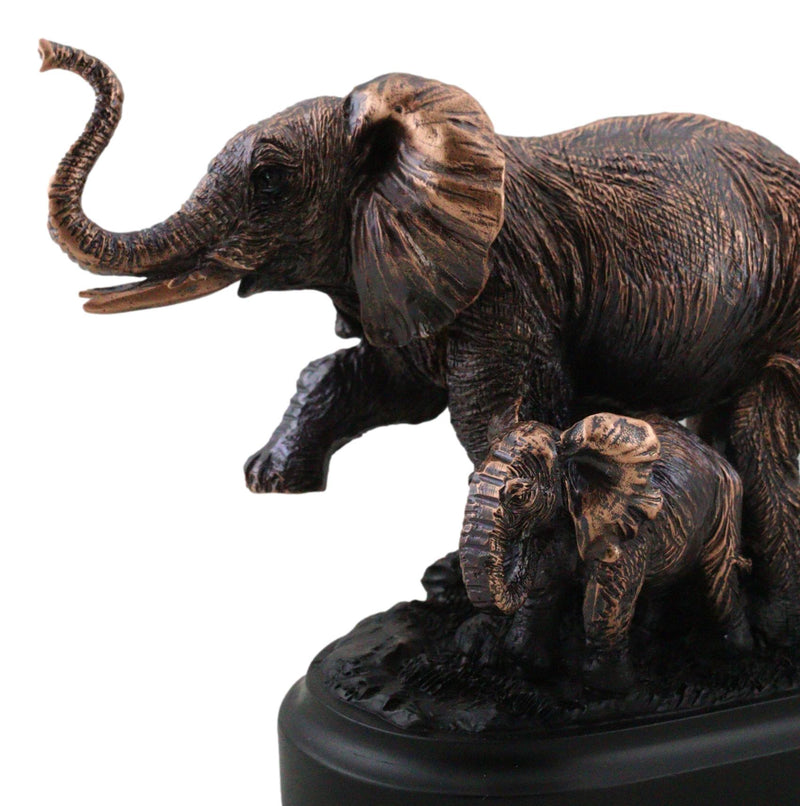 African Safari Bush Elephant Mother With Calf On Jungle March Figurine With Base