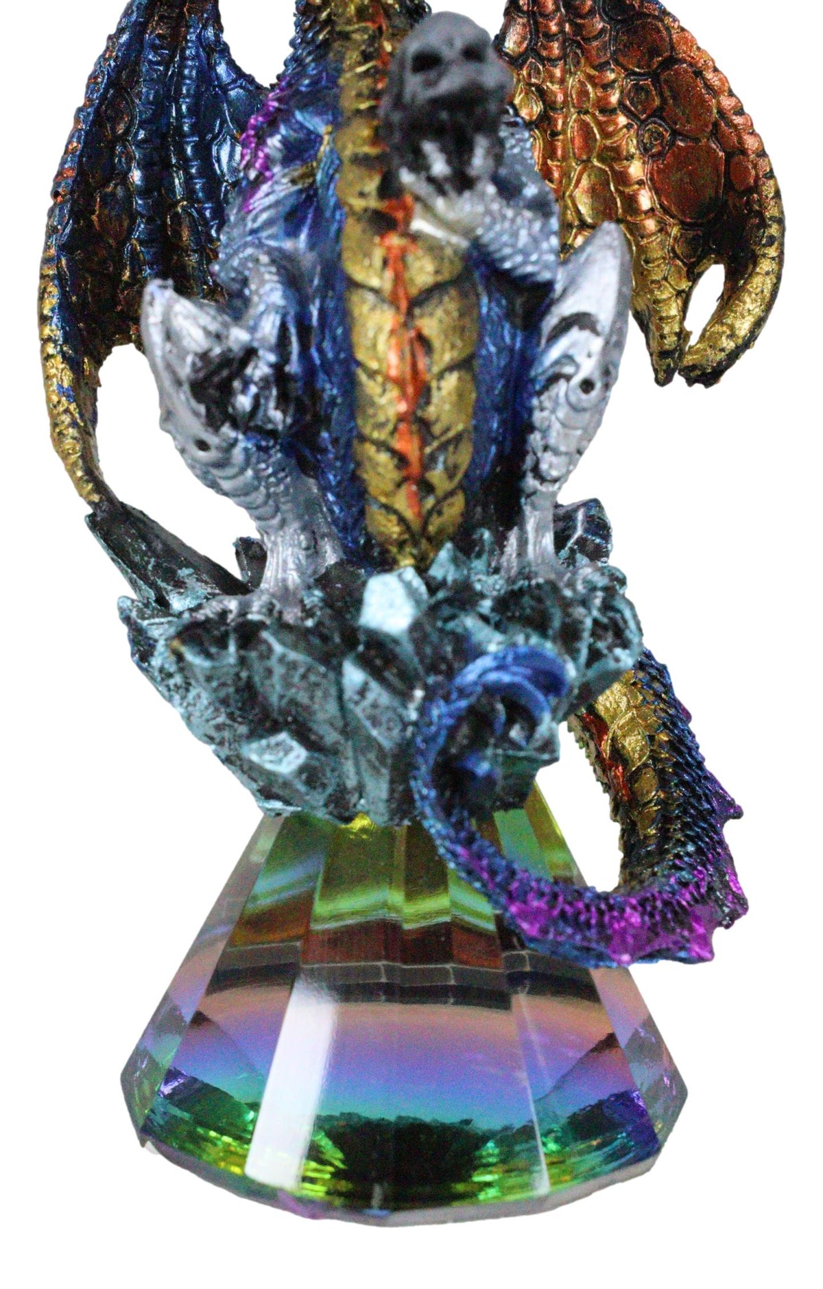 Iridescent Armored Rainbow Wyrmling Dragon Skull On Faux Crystal Prism Figurine