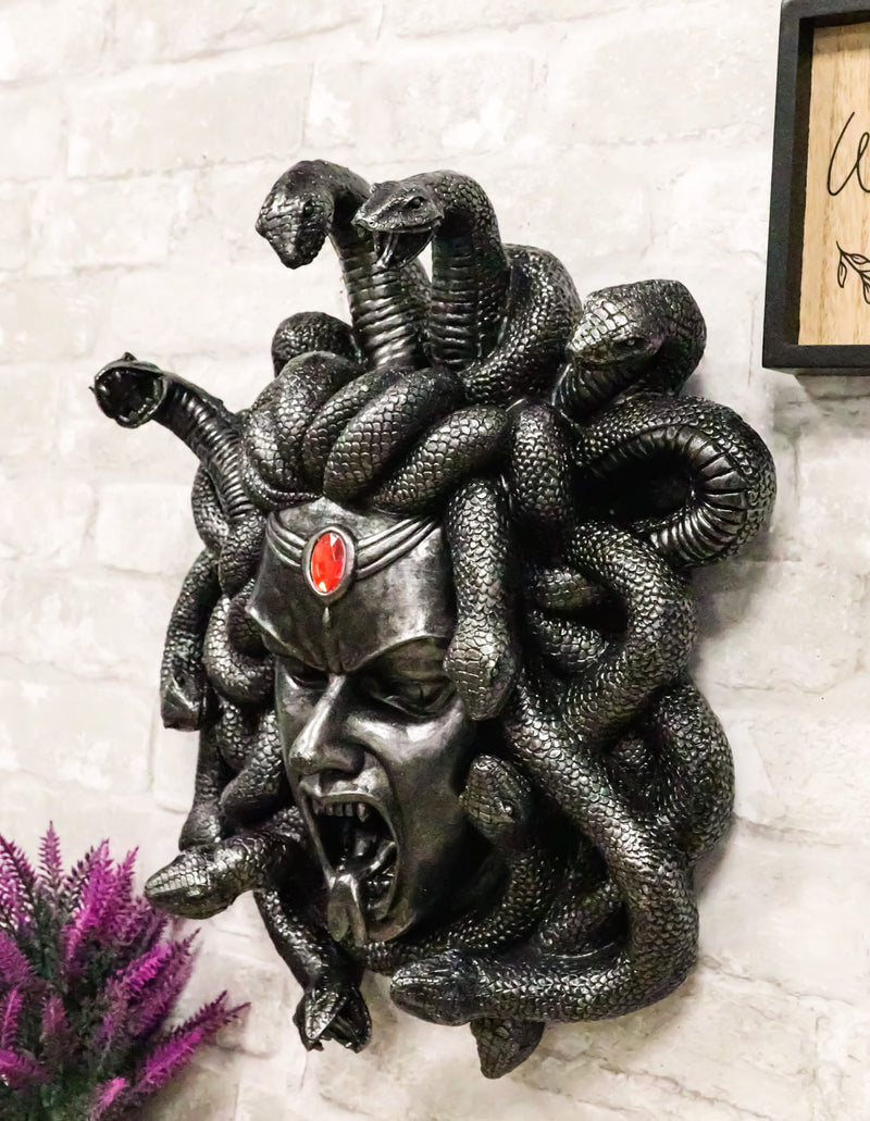 Greek Gorgon Goddess Medusa Head With Hair of Snakes And Red Gem Wall Decor