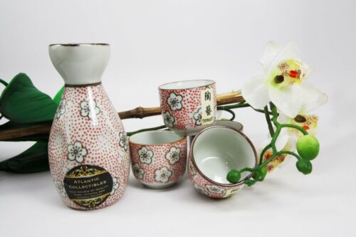 Japanese 7oz Red Polkadots Sakura Cherry Blossoms Sake Flask With Four Cups Set