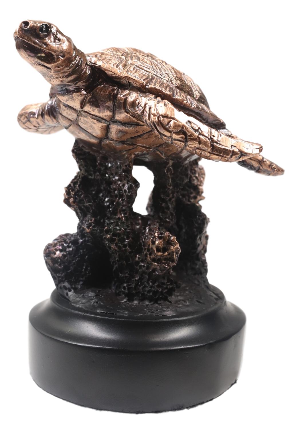 Marine Sea Turtle Swimming By Coral Reef Electroplated Bronze Resin Figurine - Ebros Gift