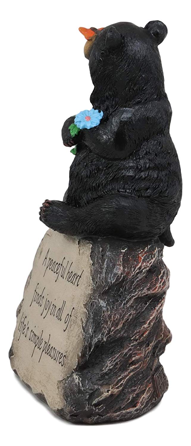 Ebros Rustic Forest Happy Heart Black Bear Sitting On Inspirational Rock Figurine with Life's Simple Pleasures Sayings Quote Whimsical Woodland Bears Animal Decor Statue