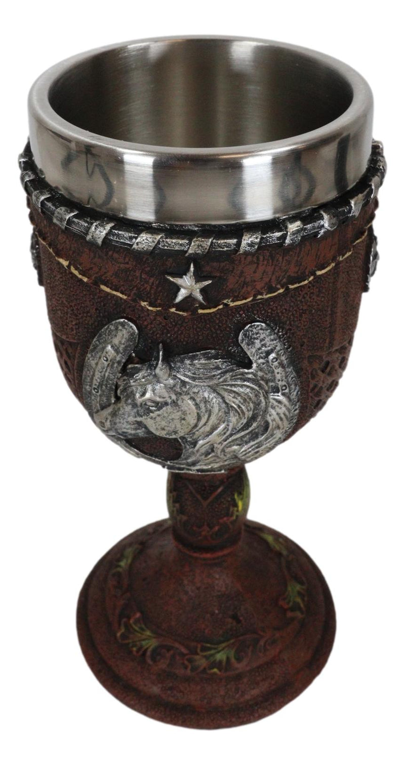 Western Horse Head Giant Horseshoe Lone Stars In Faux Tooled Leather Wine Goblet