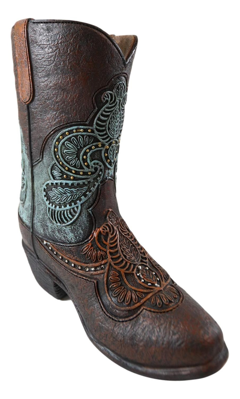 Petit Western Boho Chic Turquoise Lace Tooled Leather Cowboy Boot Vase Decor
