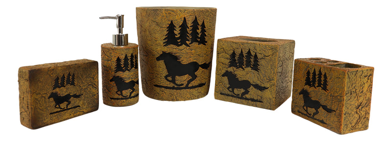 Wildlife Rustic Galloping Mustang Horse Pine Trees Forest 5 Piece Bathroom Set