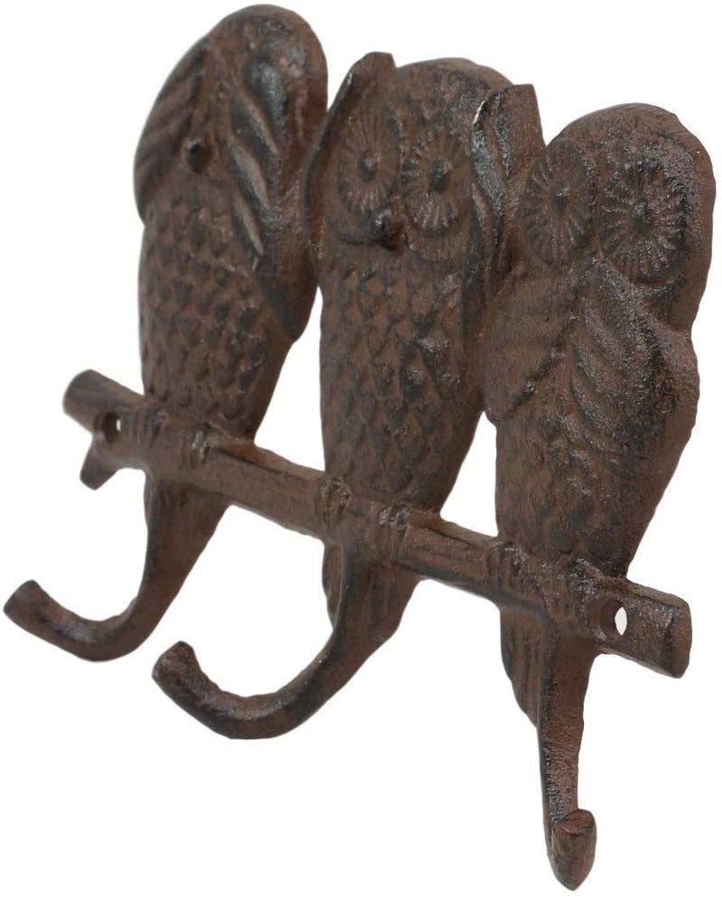 Ebros Cast Iron Rustic See Hear Speak No Evil Owls Family 3 Pegs Wall Hooks 7" W
