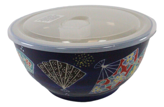 Ebros Set of 2 Ceramic Colorful Oriental Fans Portion Meal Bowls 5 Cups Airtight Lid