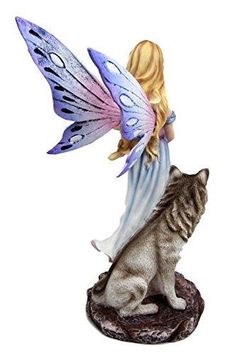 Butterfly Fairy Maiden With Alpha Wolf Guardian Decorative Figurine 9.5"H