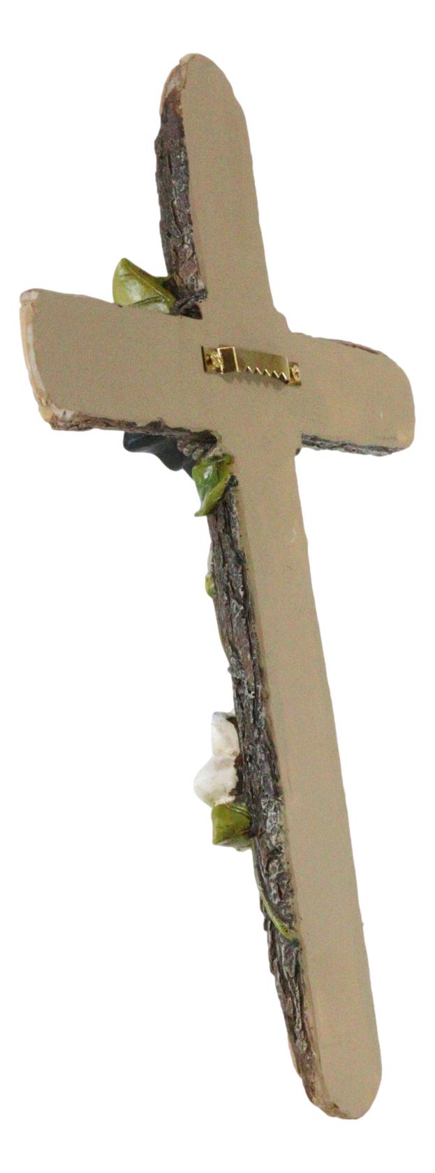 Rustic Western Butterfly Flitting On Flower Vines Faux Wooden Bark Wall Cross