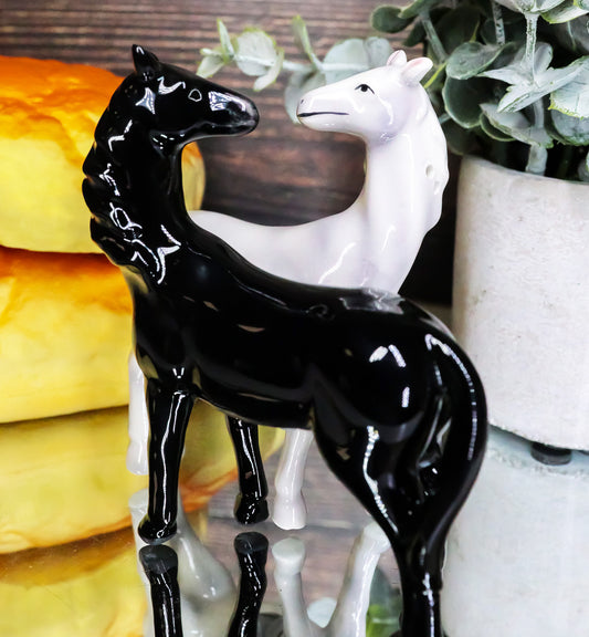 Romantic Black & White Horses Ceramic Magnetic Salt Pepper Shakers Set Figurine