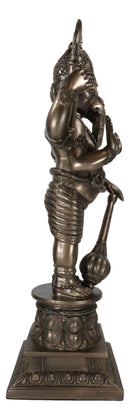 Large 21" Tall Ganesha With Dhoti in War Armor On Pillar With Rat Statue Bronzed
