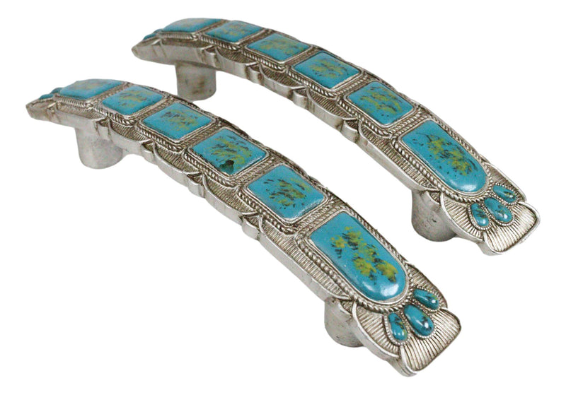 Set Of 2 Rustic Western Silver Turquoise Boho Drawer Cabinet Door Bar Pulls