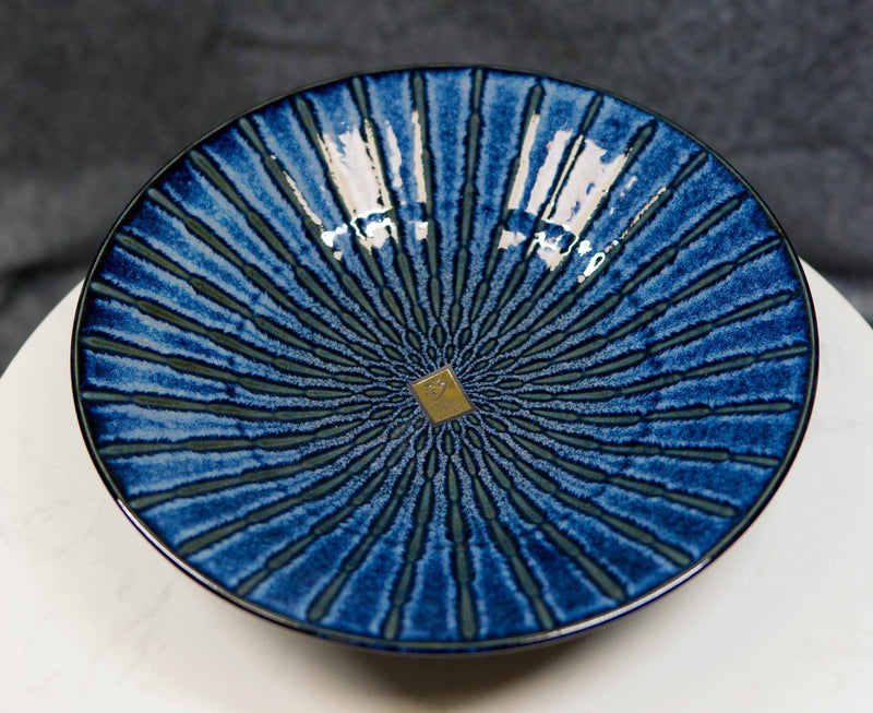 Japanese Blue Cascading Water Reduction Glazed Ceramic Shallow Bowls Pack Of 2