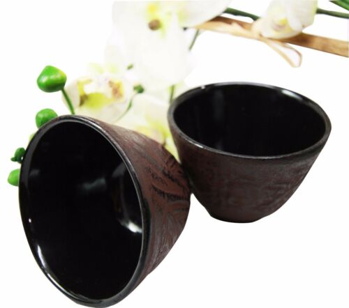 Japanese Cast Iron Tea Cups Set of Two Bamboo Design Red Burgundy Color Cup