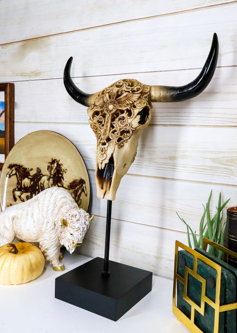 Western Floral Tribal Scroll Bull Cow Skull Winged Cross Desktop Plaque On Stand